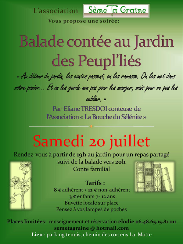 Sème ta graine propose une soirée balade contée au jardin des Peupl’liés le 20 juillet 2019